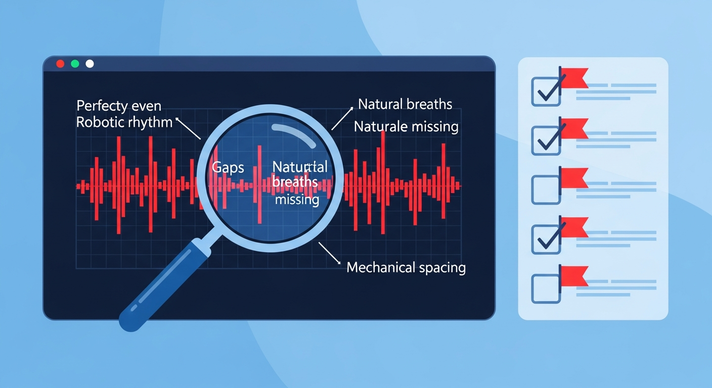 Audio waveform with red highlights showing unnaturally even rhythm, missing breath gaps, and robotic spacing under a magnifying glass