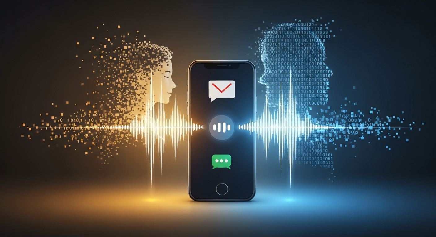Smartphone receiving a voicemail with sound waves dissolving into binary code, half warm light and half cold digital glow representing a cloned voice