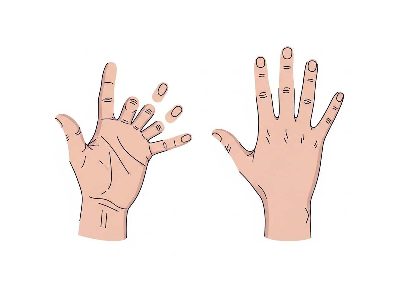 Stylized comparison of a normal hand next to an AI-generated hand with extra and merged fingers