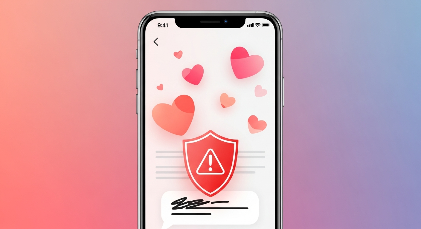 Phone showing dating app interface with abstract heart icons and a red warning shield over a chat bubble