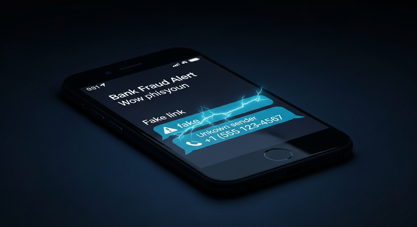 Smartphone screen showing a suspicious bank fraud alert text message with fake link highlighted