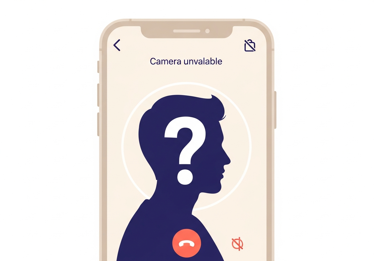 Smartphone video call screen showing a 'Camera unavailable' message and a question mark over a profile silhouette