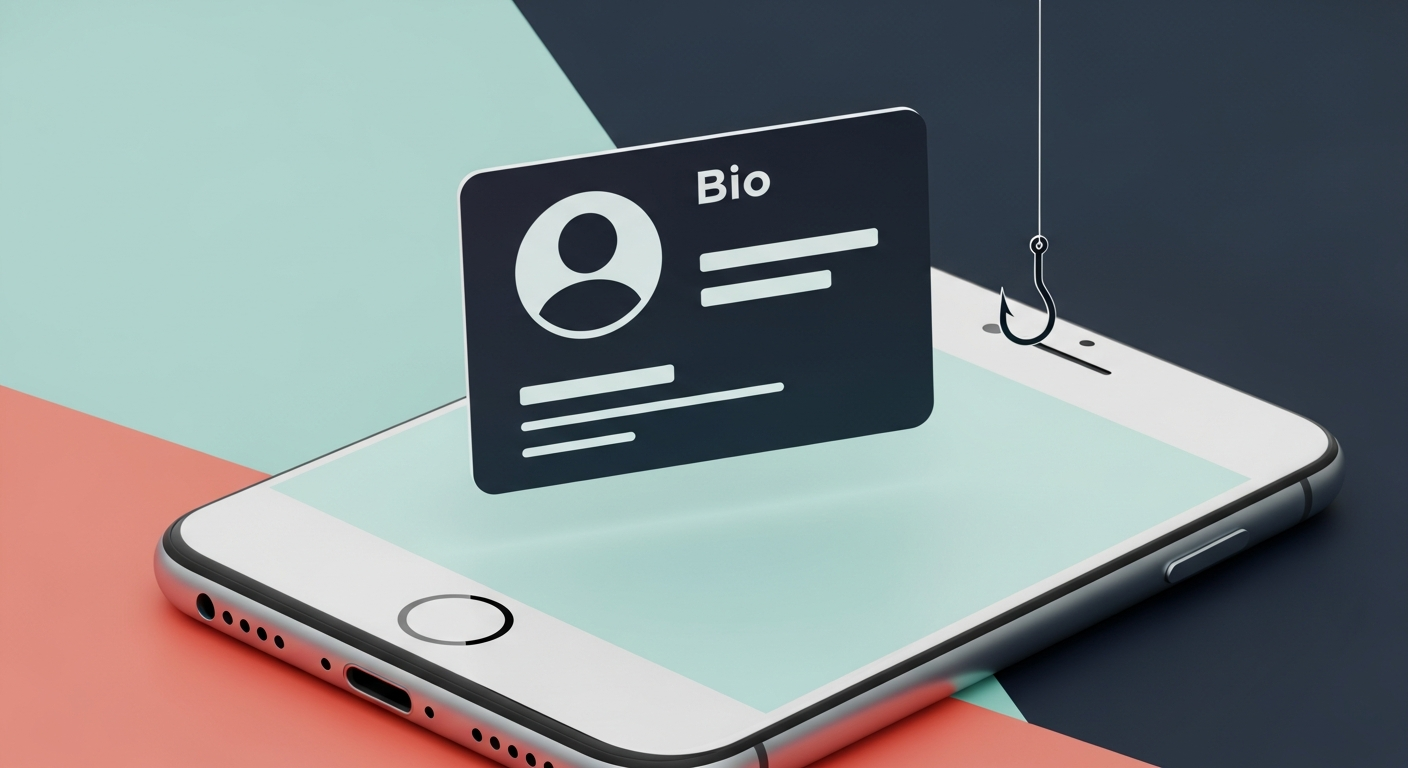 Smartphone showing a dating app profile with a hidden fish-hook shape inside the photo, suggesting catfishing