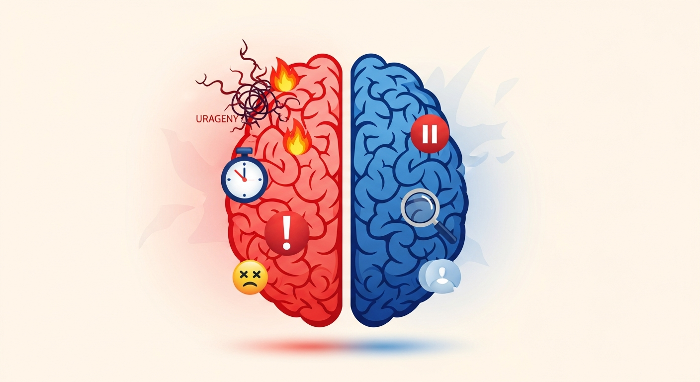 Editorial illustration of a brain split between urgent red panic icons on one side and a calm magnifying glass on the other, representing scam manipulation tactics