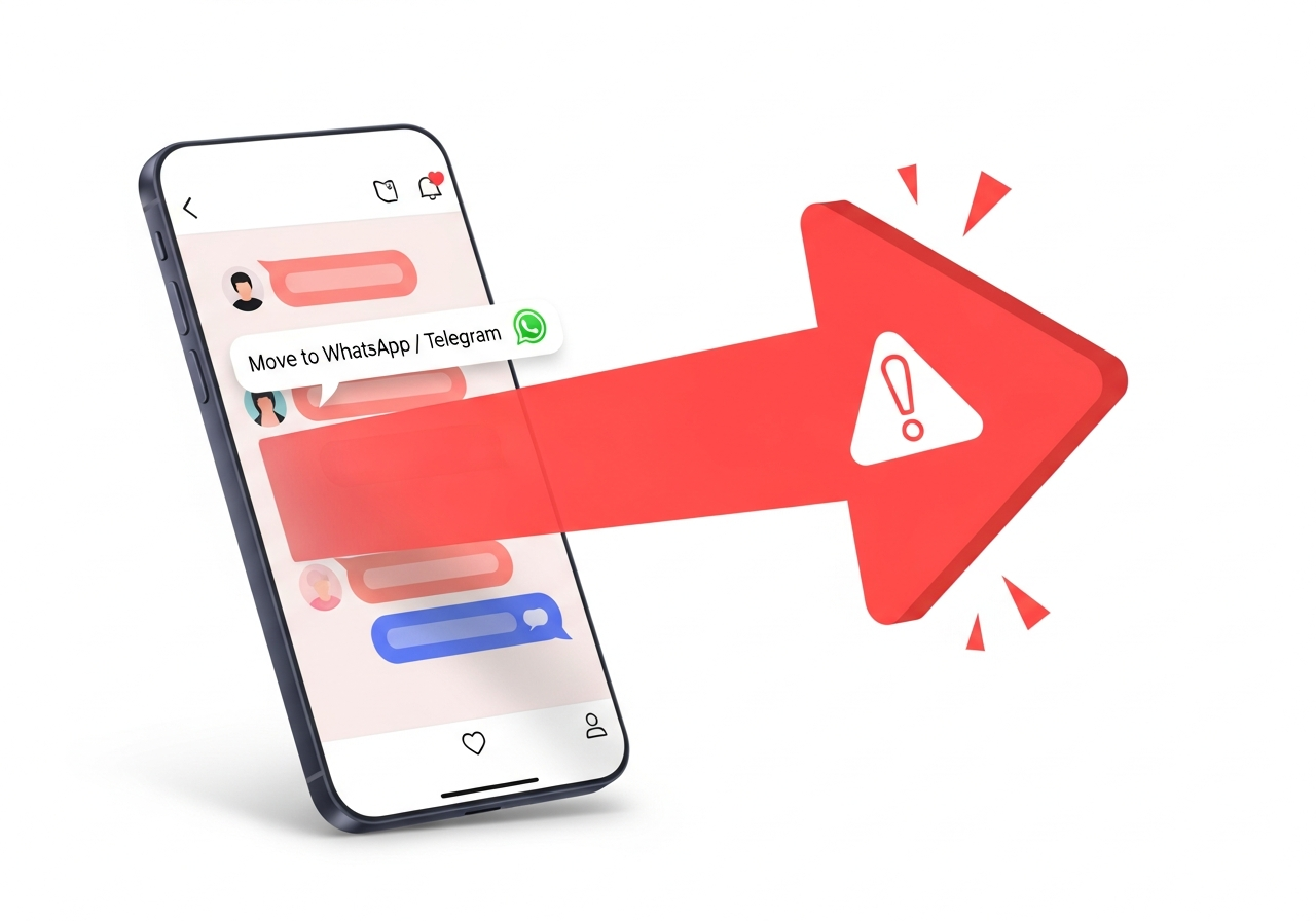 Phone chat with a request to move to WhatsApp or Telegram and a red arrow leaving the dating app