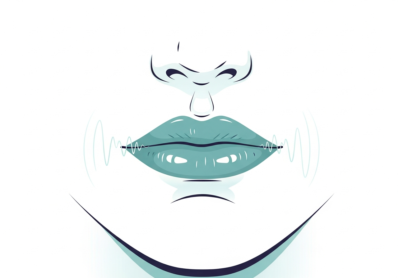 Stylized close-up of a mouth with sound waves slightly out of sync, showing how deepfakes break lip-sync