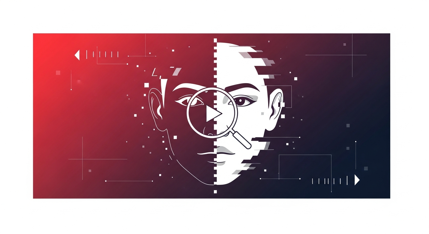 Video frame showing a stylized face split by a digital glitch line, suggesting deepfake manipulation