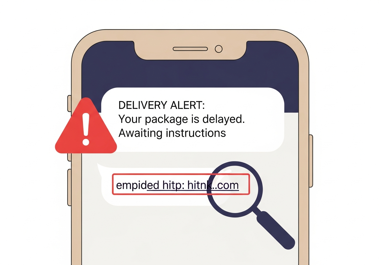 Smartphone showing a fake package delivery scam text with a warning indicator over the suspicious link
