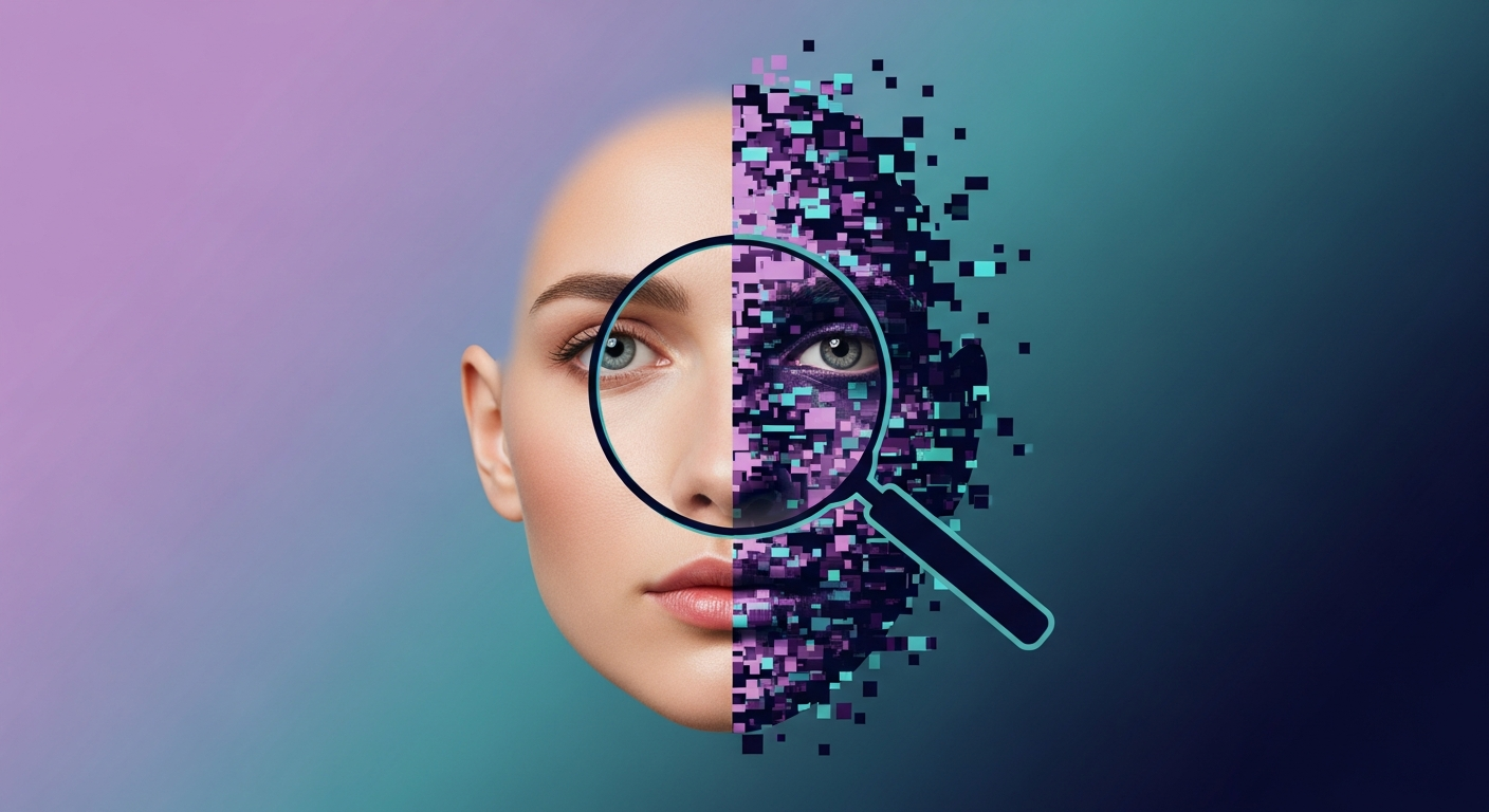 Portrait photo half real and half pixelated to suggest AI generated imagery, with a magnifying glass examining the face