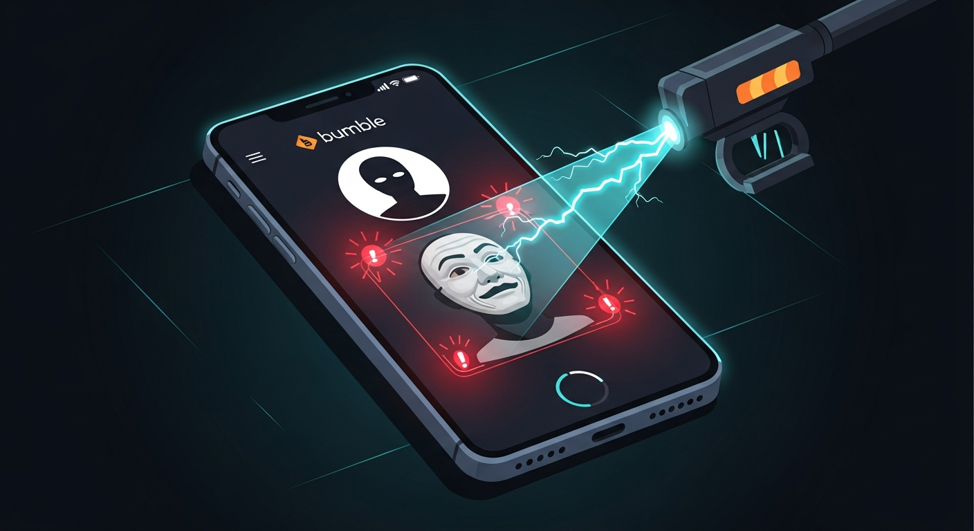 Bumble dating app conversation showing warning signs of a fake profile and romance scam