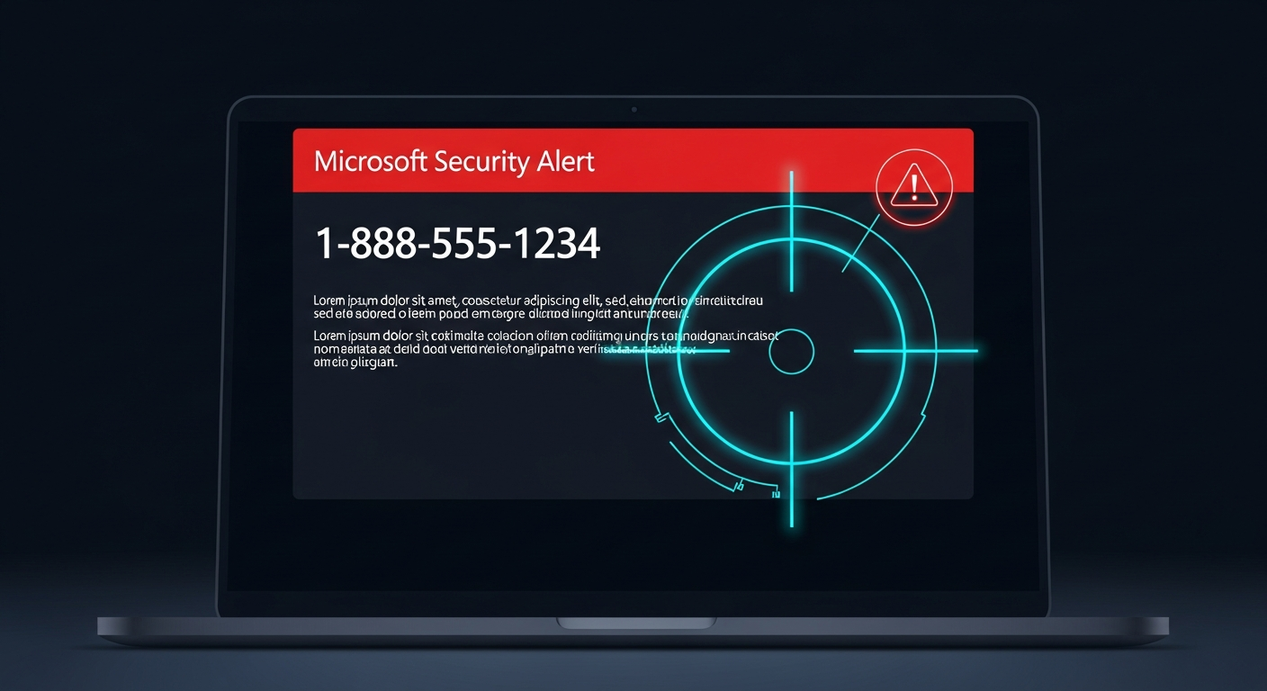 Laptop screen showing a fake tech support popup alert with a fraudulent phone number highlighted by cyan warning indicators