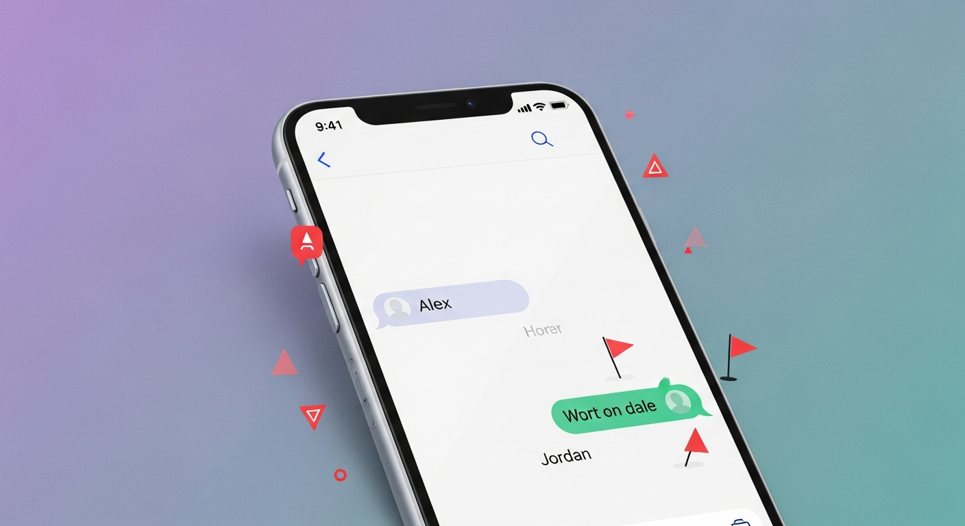 Smartphone displaying a dating app chat with warning red flag icons floating around it