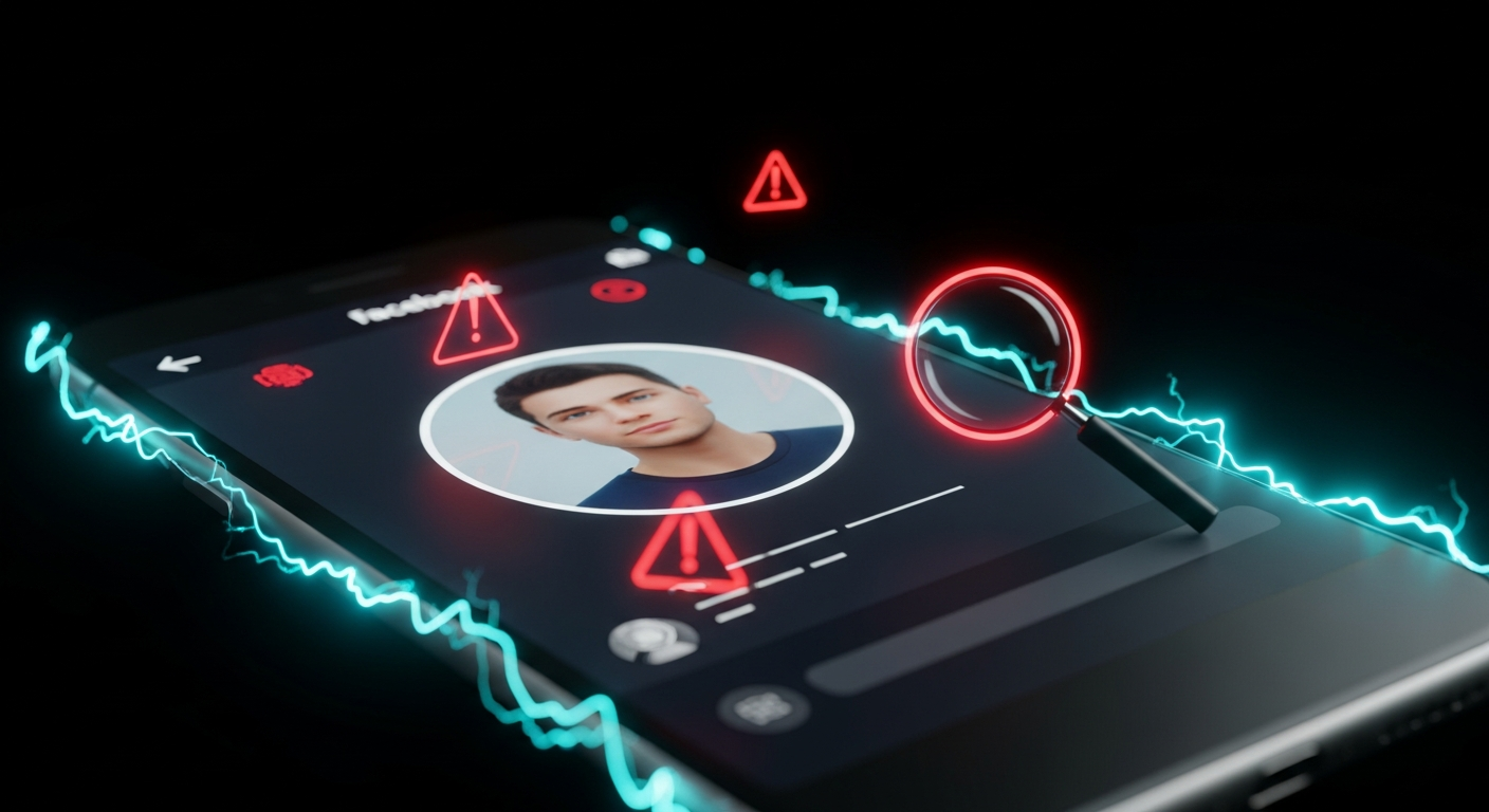 Smartphone showing a Facebook profile with warning icons floating around it, suggesting a fake or suspicious account
