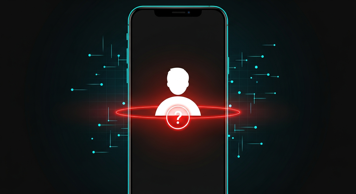 Smartphone screen showing a generic profile silhouette with a question mark and a warning ring, suggesting a suspicious or fake social account being inspected