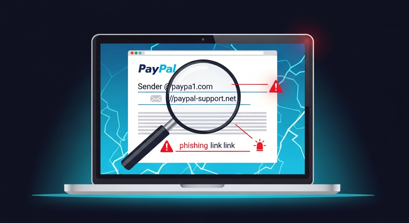 Email inbox showing a fake PayPal phishing email with a suspicious sender address