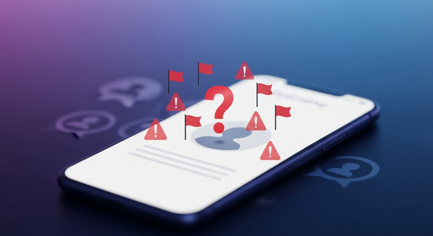 Smartphone showing a generic social media profile with a question mark over the avatar and warning red flag icons around it