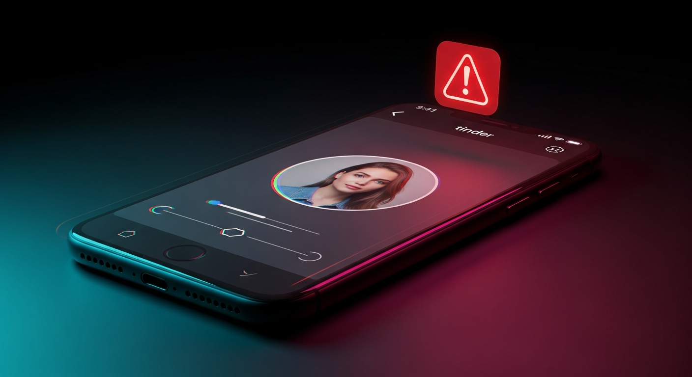 Smartphone showing a Tinder profile with a glitch distortion overlay and a red alert icon, suggesting a fake or suspicious match