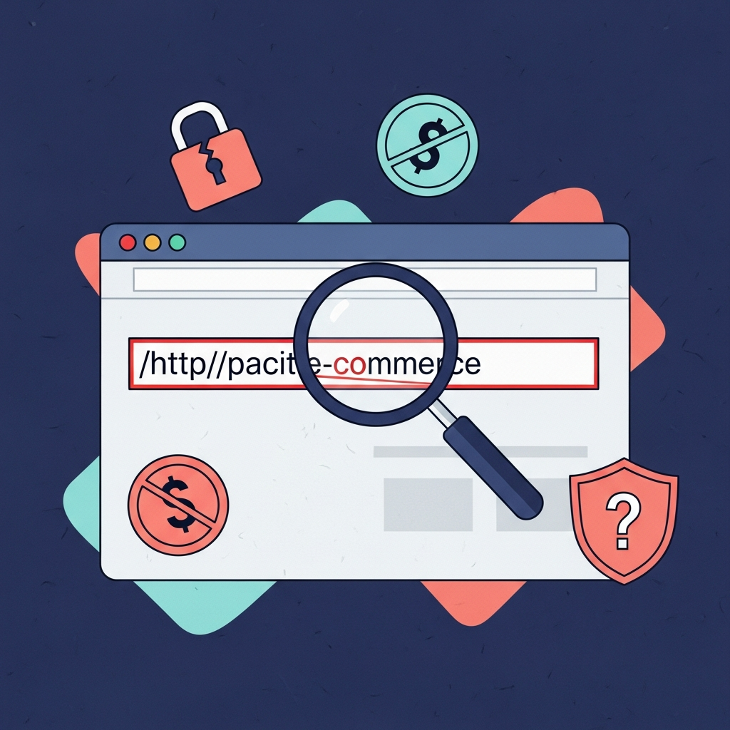Browser window showing a counterfeit ecommerce website with a misspelled URL highlighted in red, magnifying glass over the address bar, surrounded by warning icons including a broken padlock and a shield