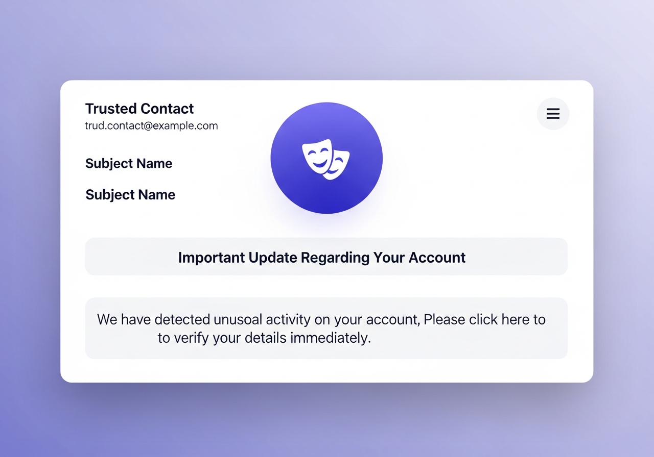 Email message UI with a small theater mask icon over the sender avatar suggesting impersonation