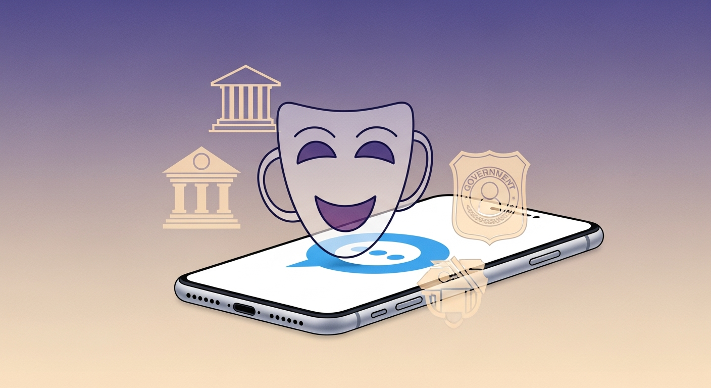 Theater mask icon over a stylized smartphone with chat bubble and bank/government badge silhouettes