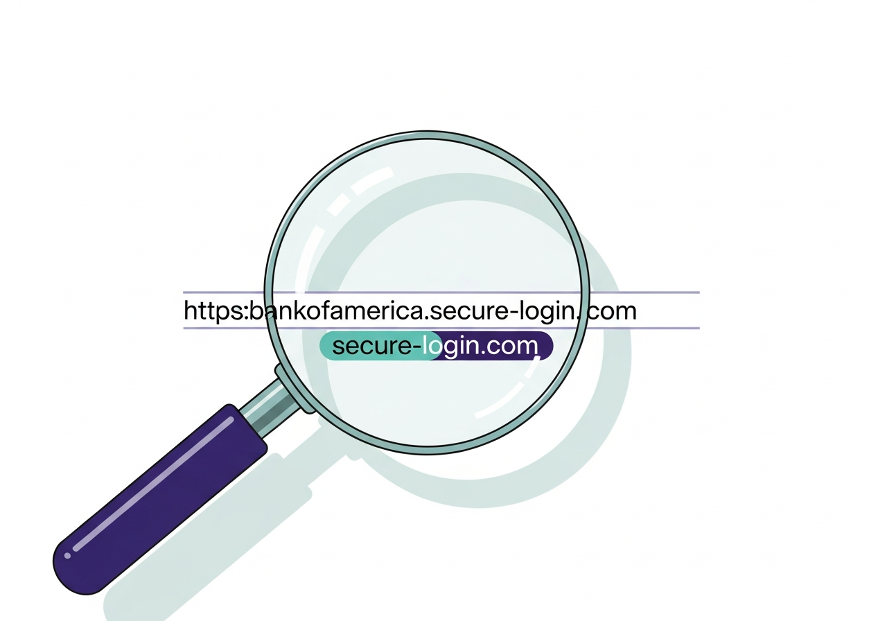 Magnifying glass inspecting a URL with parts of the domain highlighted to show fake versus real