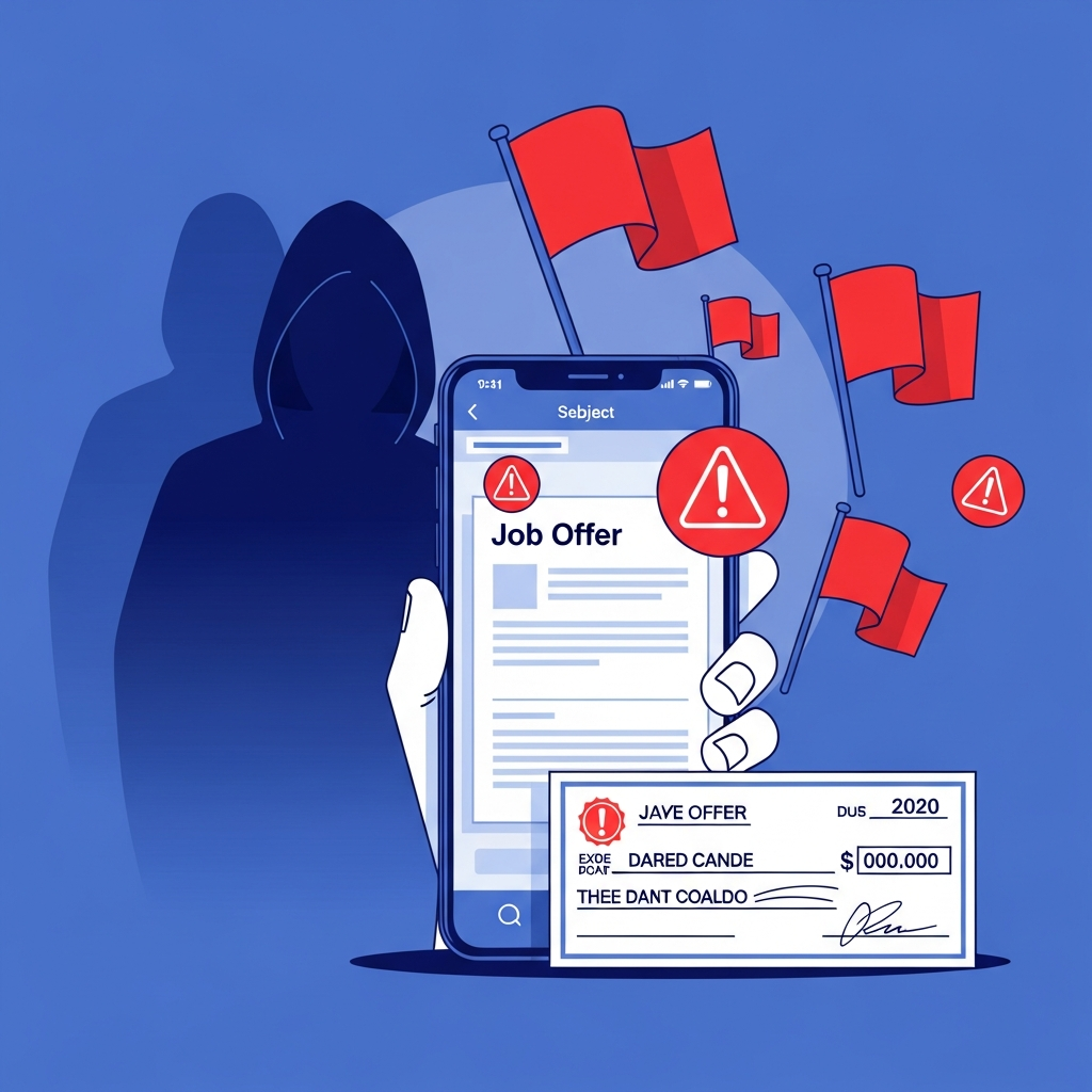 Smartphone showing a fake job offer email with red warning flag icons floating around it