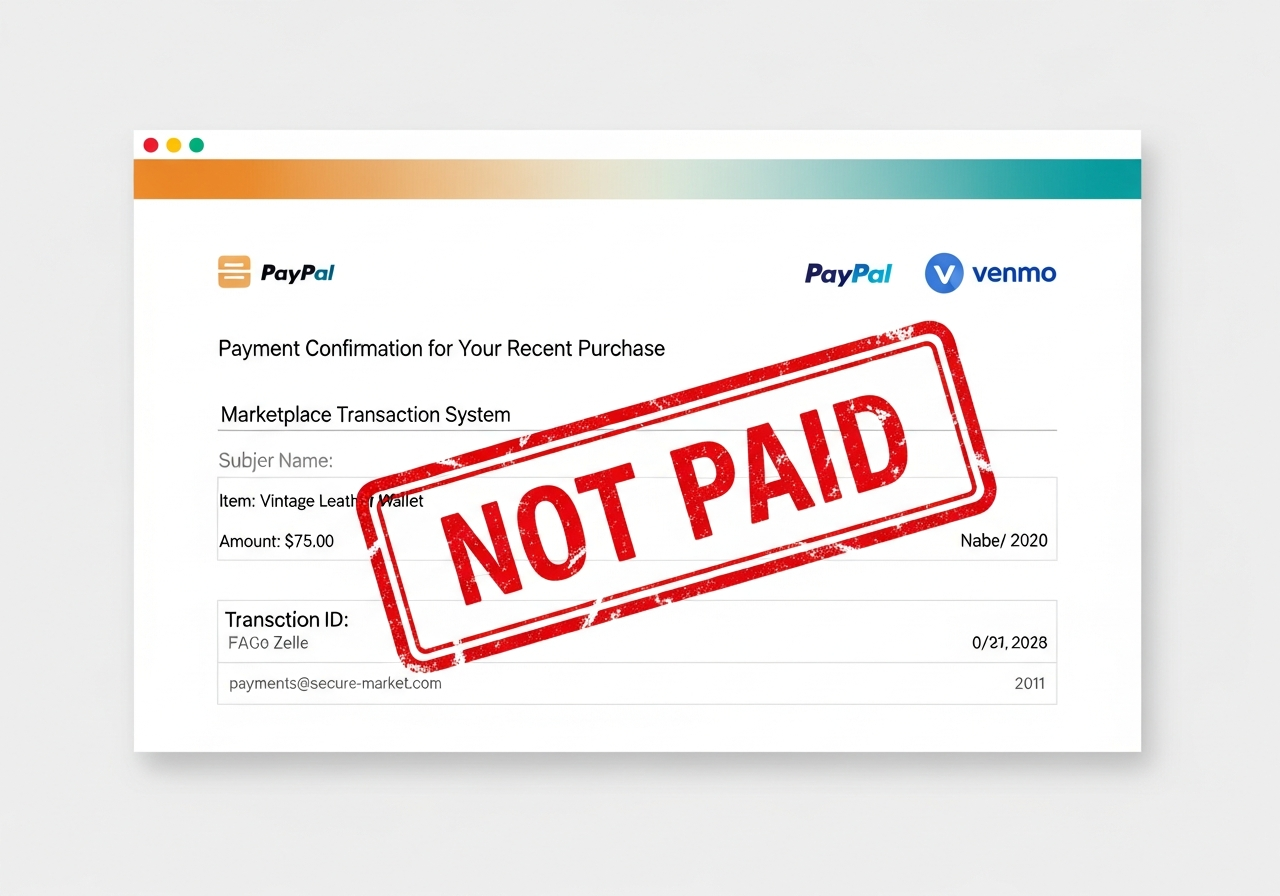 Fake payment confirmation email screenshot with a red 'NOT PAID' stamp over it