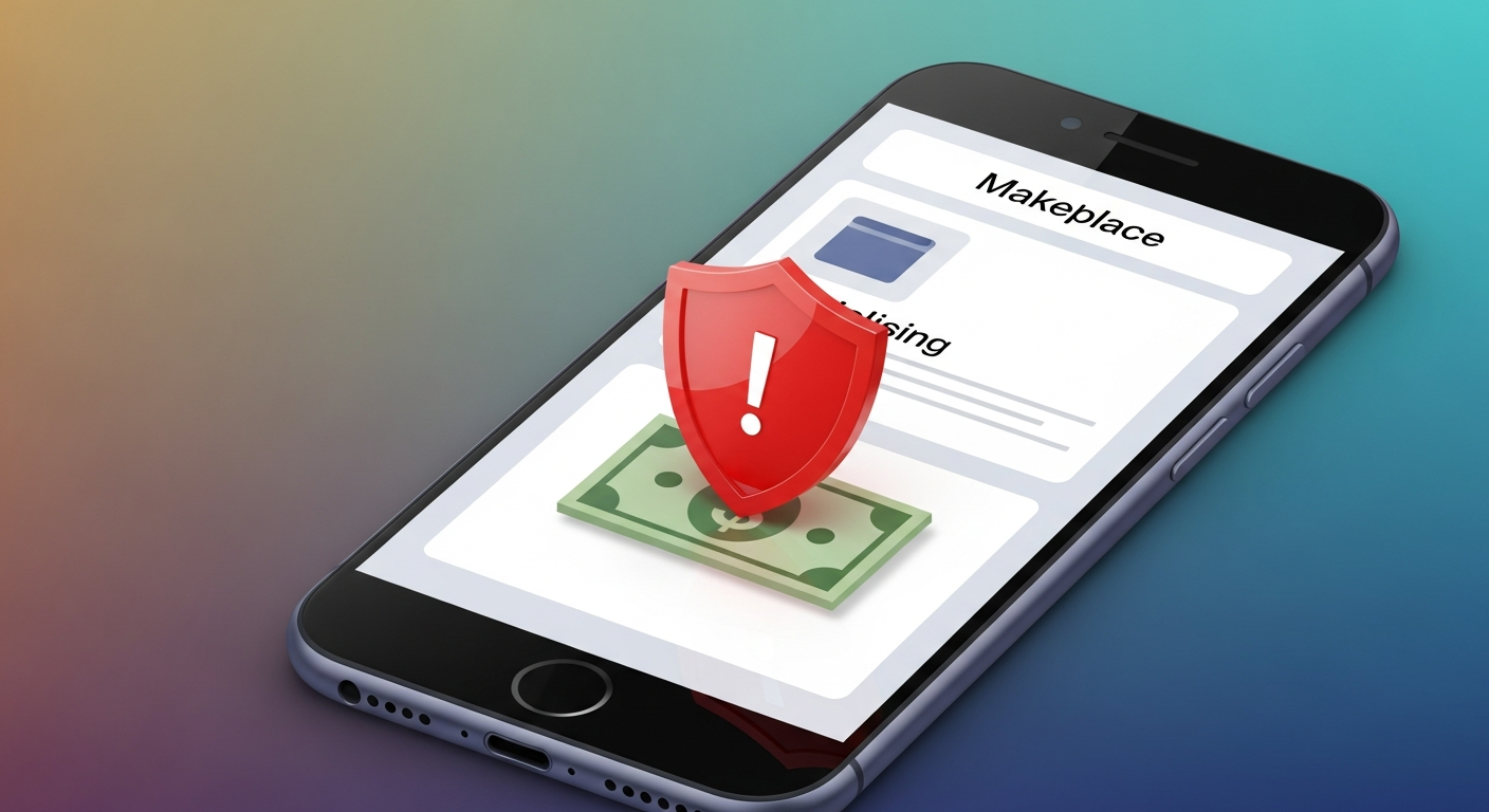 Smartphone showing an online marketplace listing card with a red warning shield over a dollar bill icon