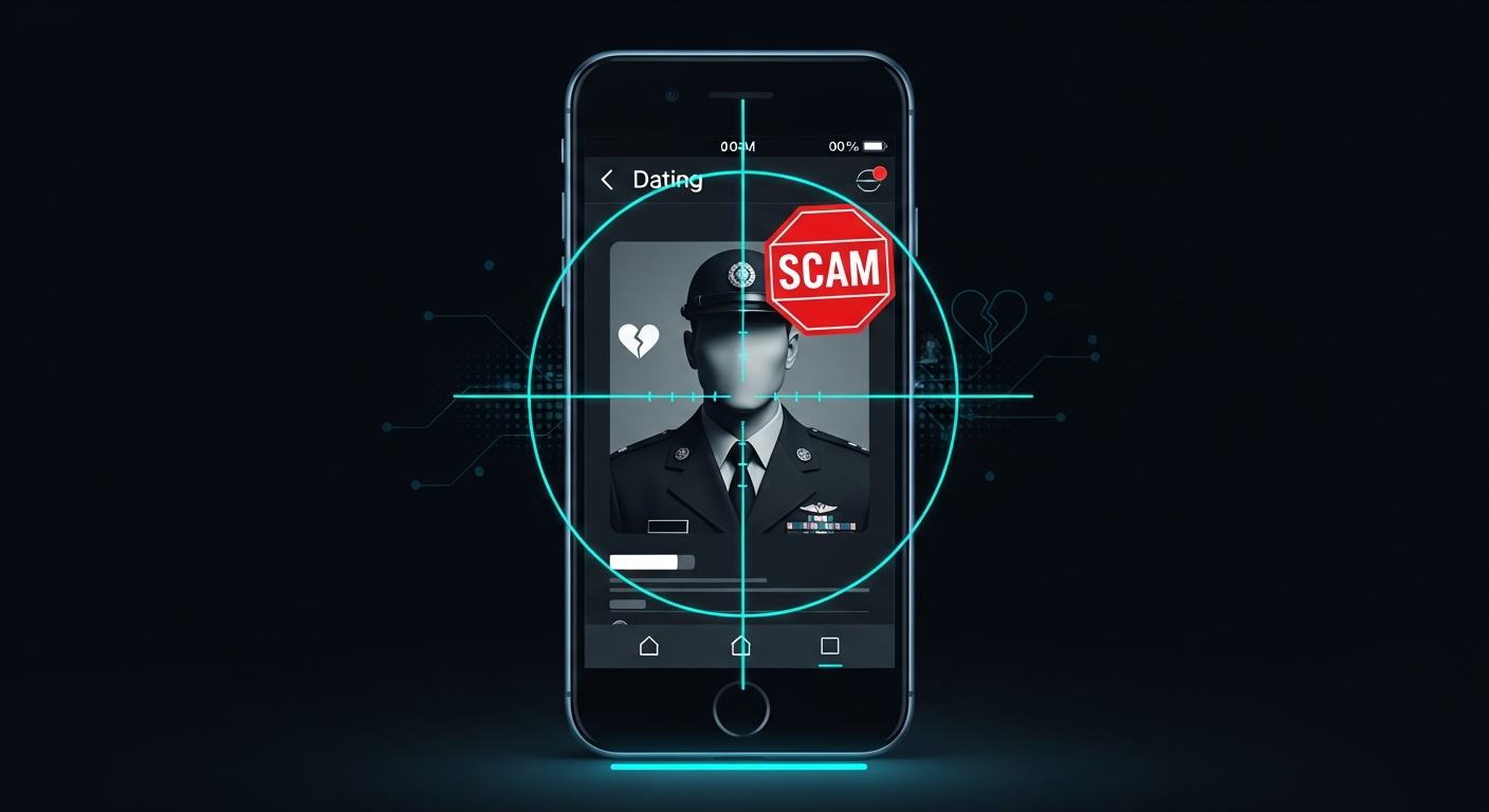 Smartphone showing a fake military dating profile with warning indicators highlighting stolen uniform photos and scam patterns