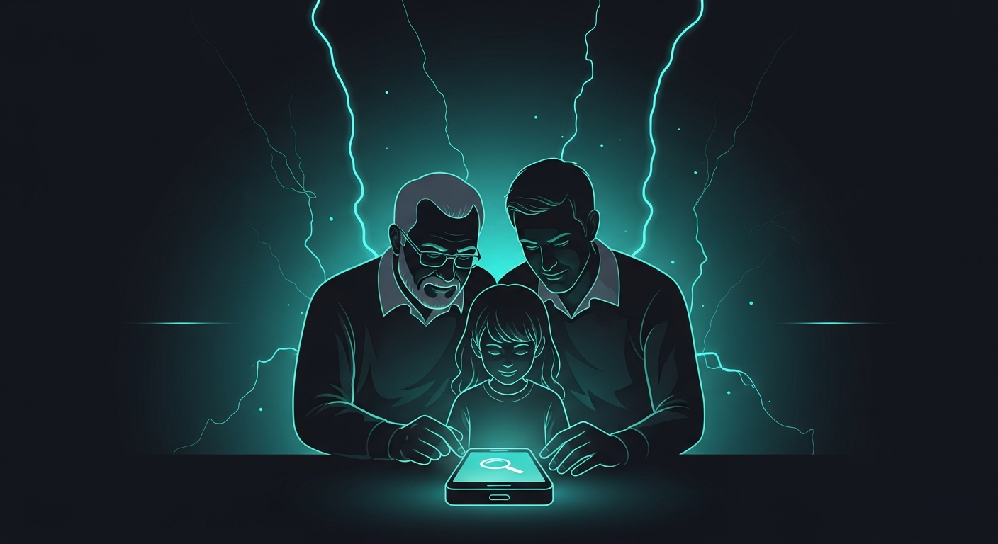 Three generations of a family — grandparent, parent, and child — gathered around a glowing smartphone displaying a magnifying lens icon, surrounded by subtle cyan light