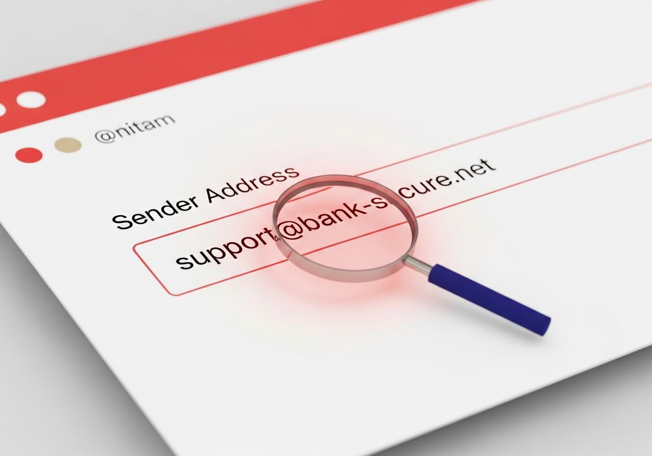 Email message close-up showing a suspicious sender domain like support@bank-secure.net with a magnifying glass over it