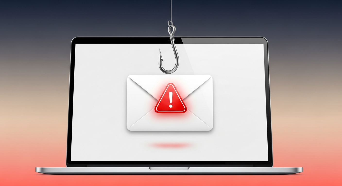 Open laptop showing an email envelope with a red warning shield and a fishing hook hovering above it