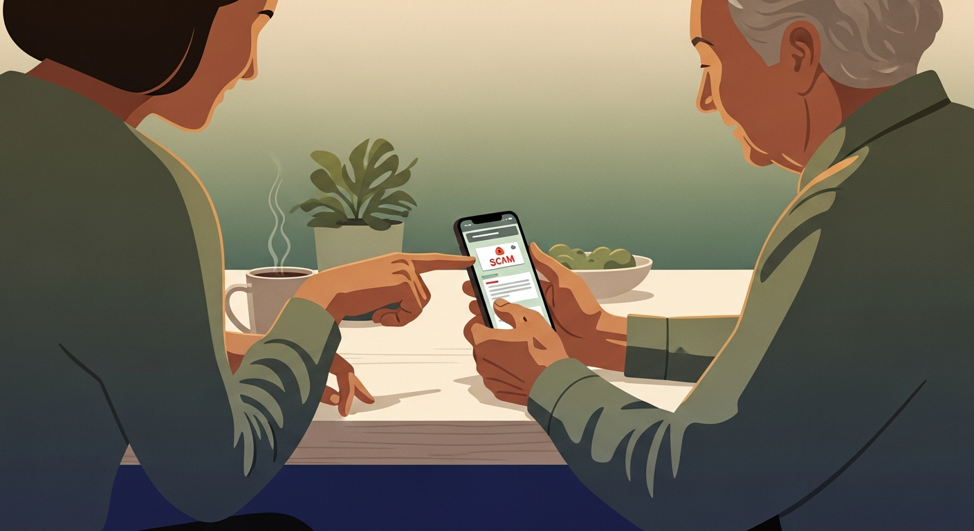 Adult child gently helping an elderly parent check a smartphone together at a kitchen table