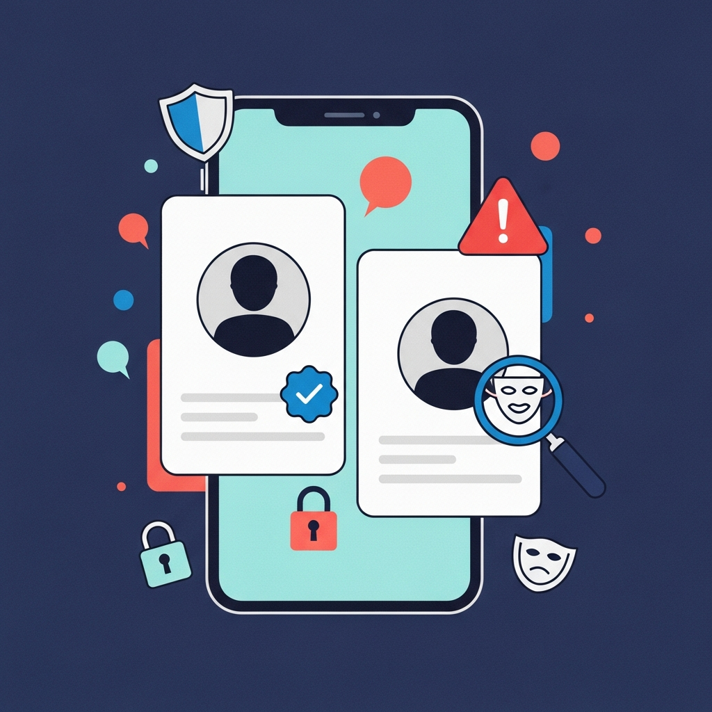 Two side by side profile cards on a smartphone, the left marked with a verified badge and the right marked with a warning triangle and an imposter mask, surrounded by a shield, padlock, and magnifying glass