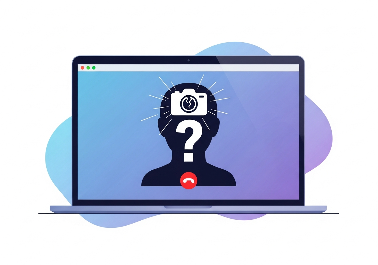 A laptop video call screen with a broken camera icon and a question mark over a silhouette, suggesting refusal to verify identity
