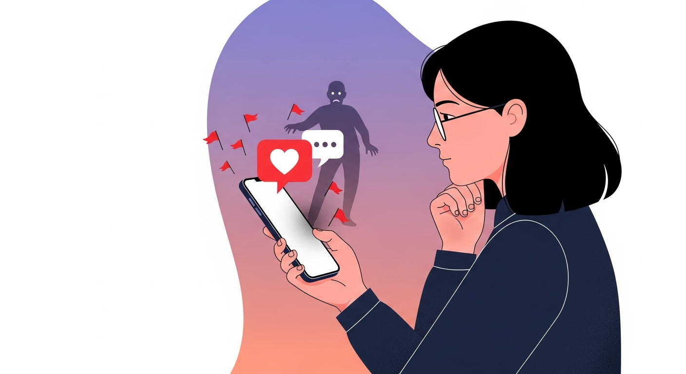 A person looking thoughtfully at a smartphone with a chat heart icon and small red flag warning signals around it