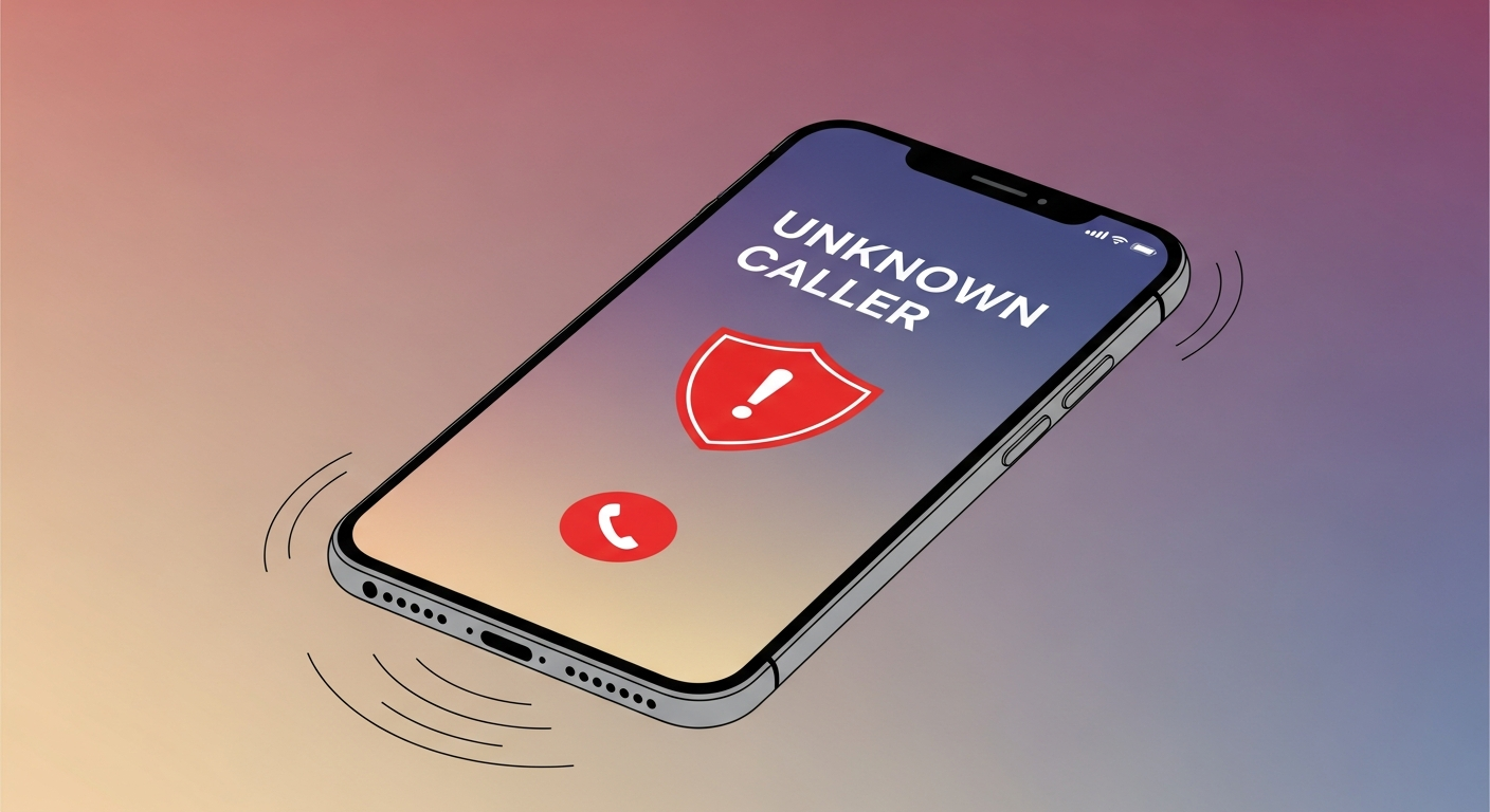 Smartphone ringing with an Unknown Caller label and a red warning shield over the screen