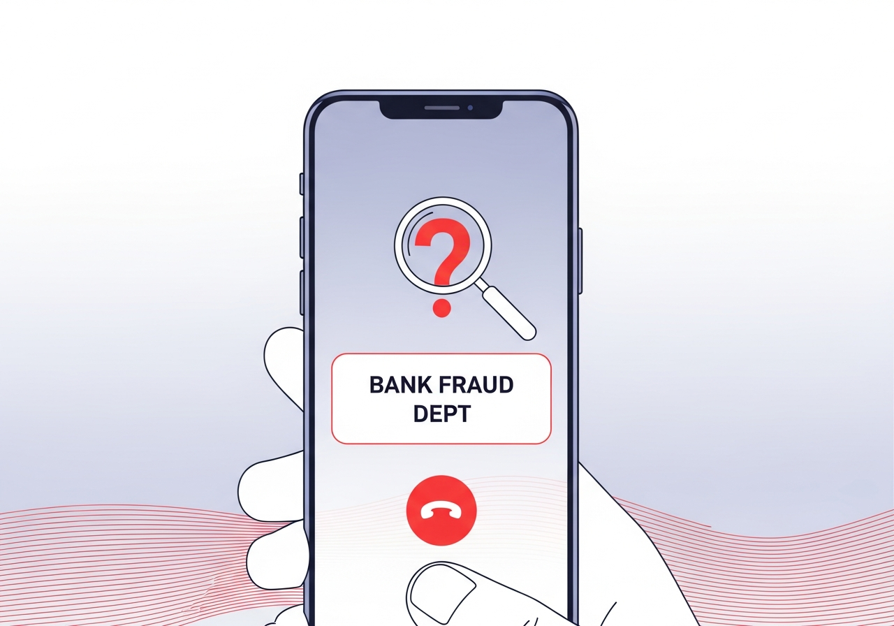 Smartphone displaying a spoofed caller ID label with a magnifying glass and red question mark