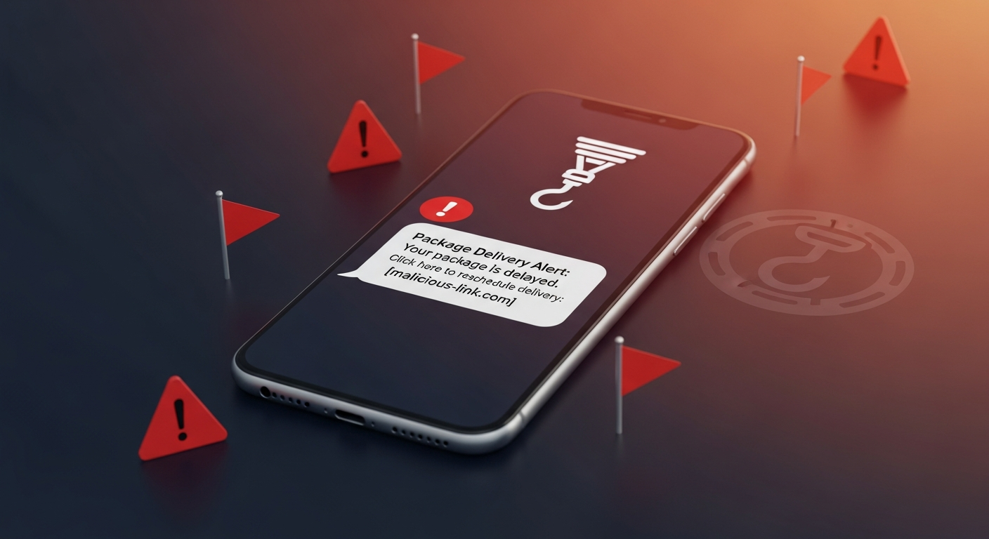 Smartphone displaying a suspicious text message notification with warning red flag icons floating around it