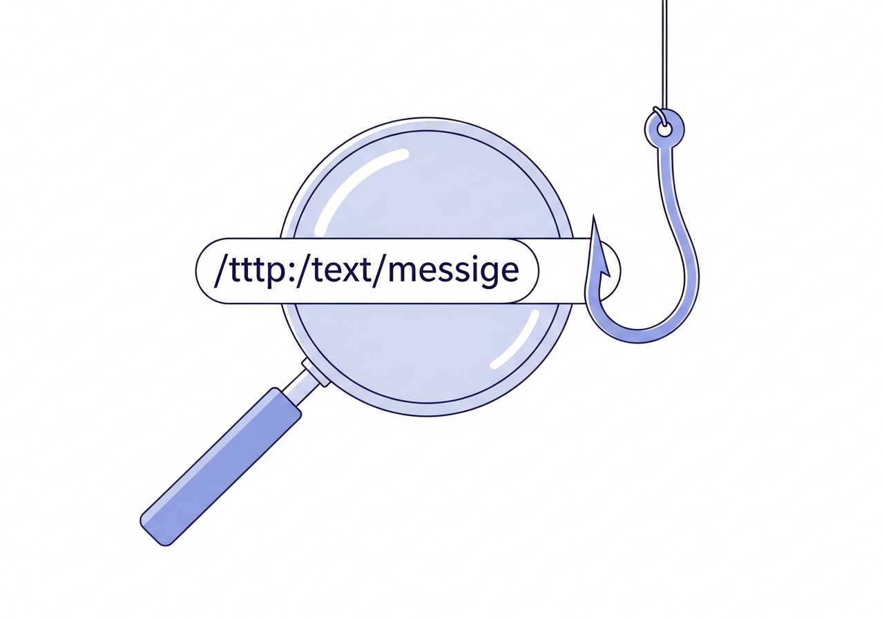 Magnifying glass examining a text message link transforming into a phishing hook