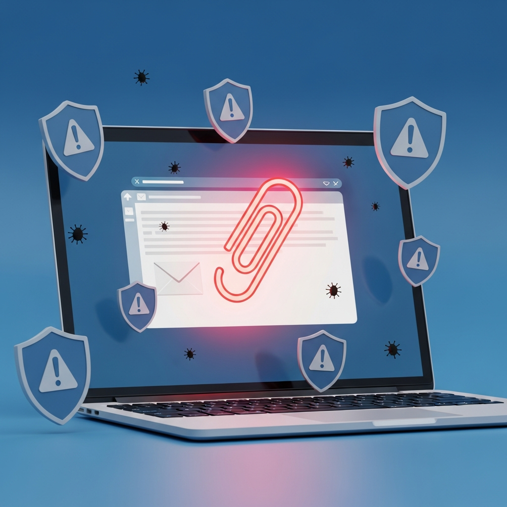 Laptop screen showing an email inbox with a suspicious paperclip attachment glowing red and surrounded by warning shield icons