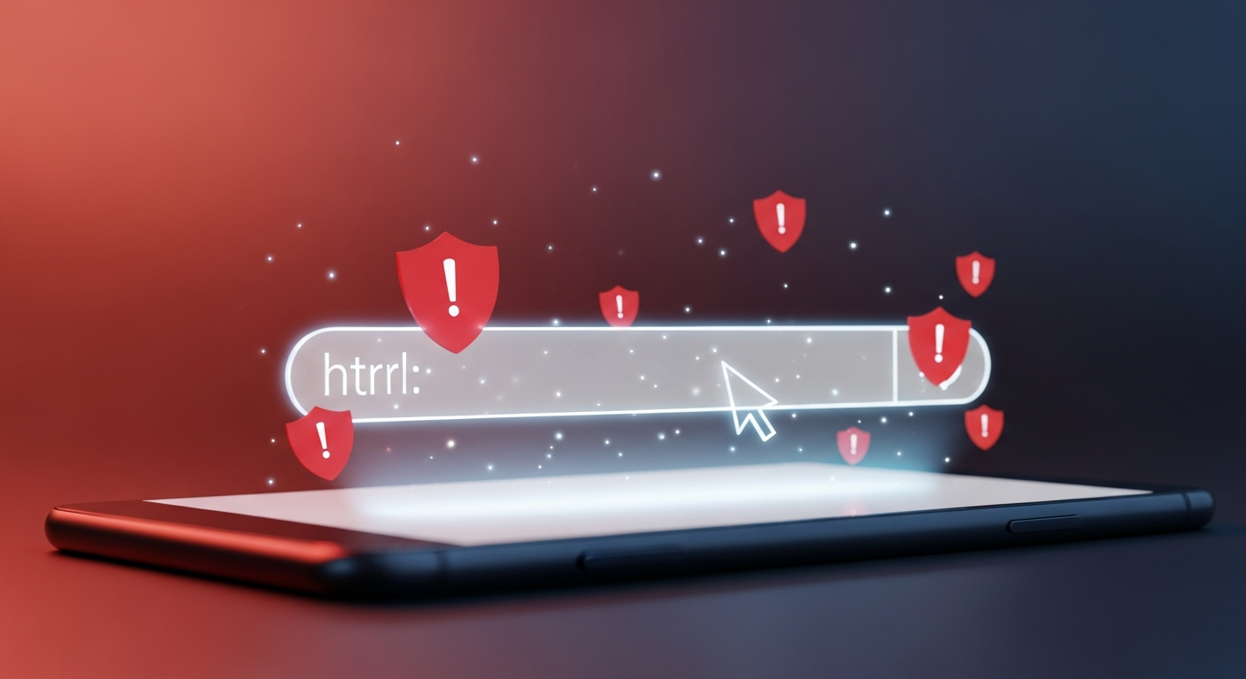 Glowing URL link bar floating above a smartphone with a hovering cursor and warning red shield icons
