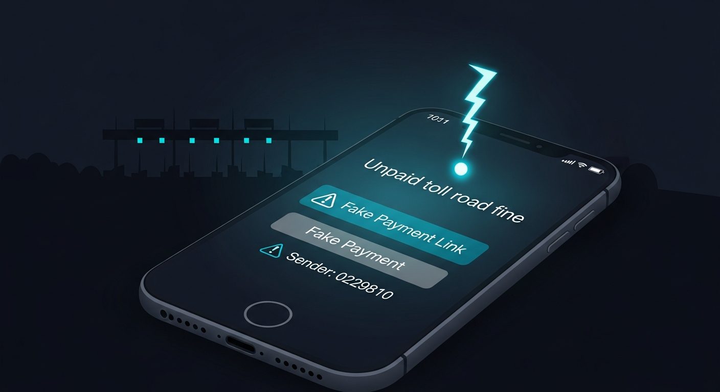Smartphone screen showing a suspicious unpaid toll road scam text message with a fake payment link