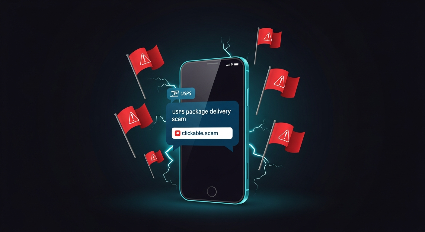 Phone screen displaying a fake USPS scam text message with a suspicious link