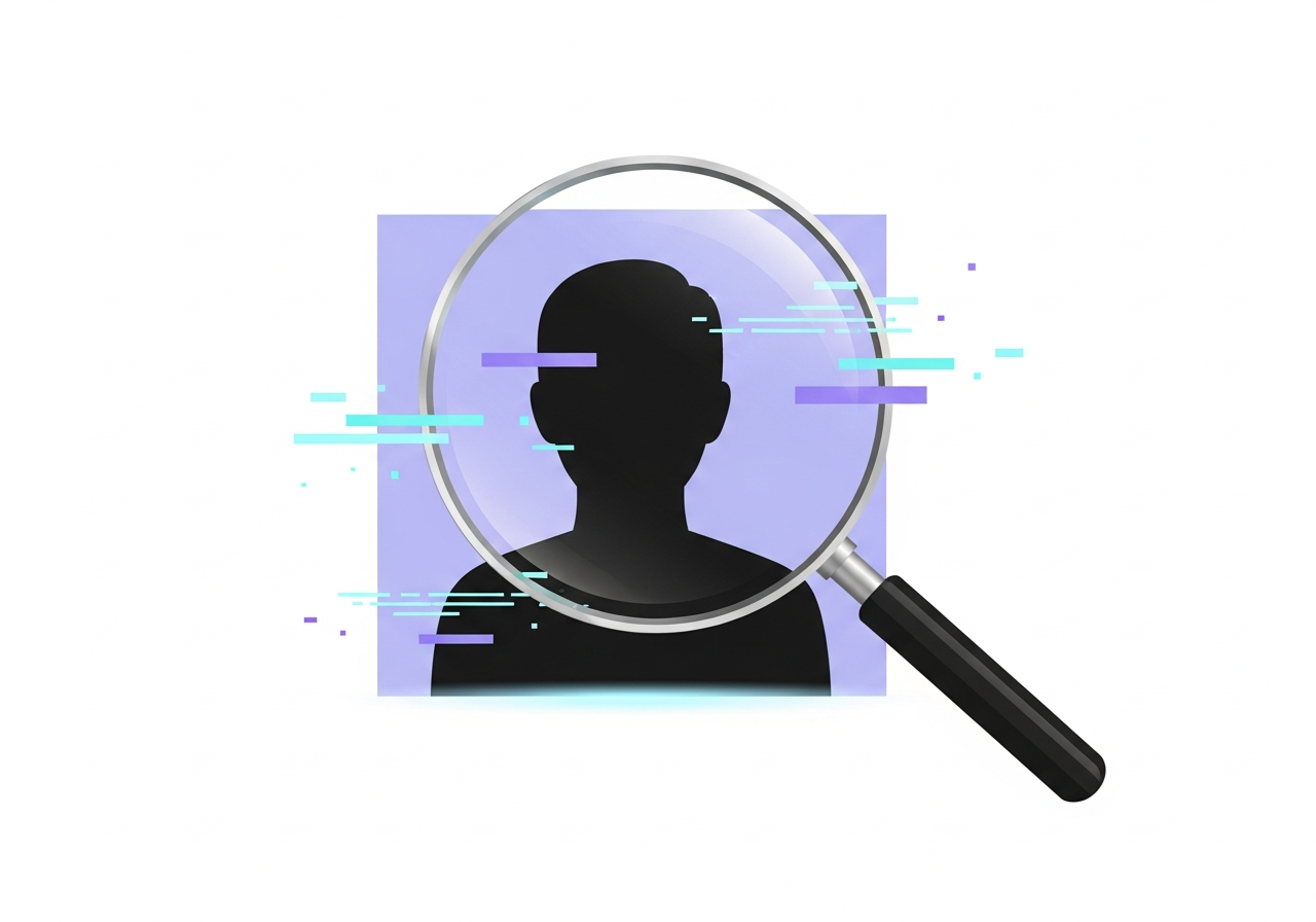 Magnifying glass examining a profile picture with subtle digital artifacts, suggesting AI-generated photo detection