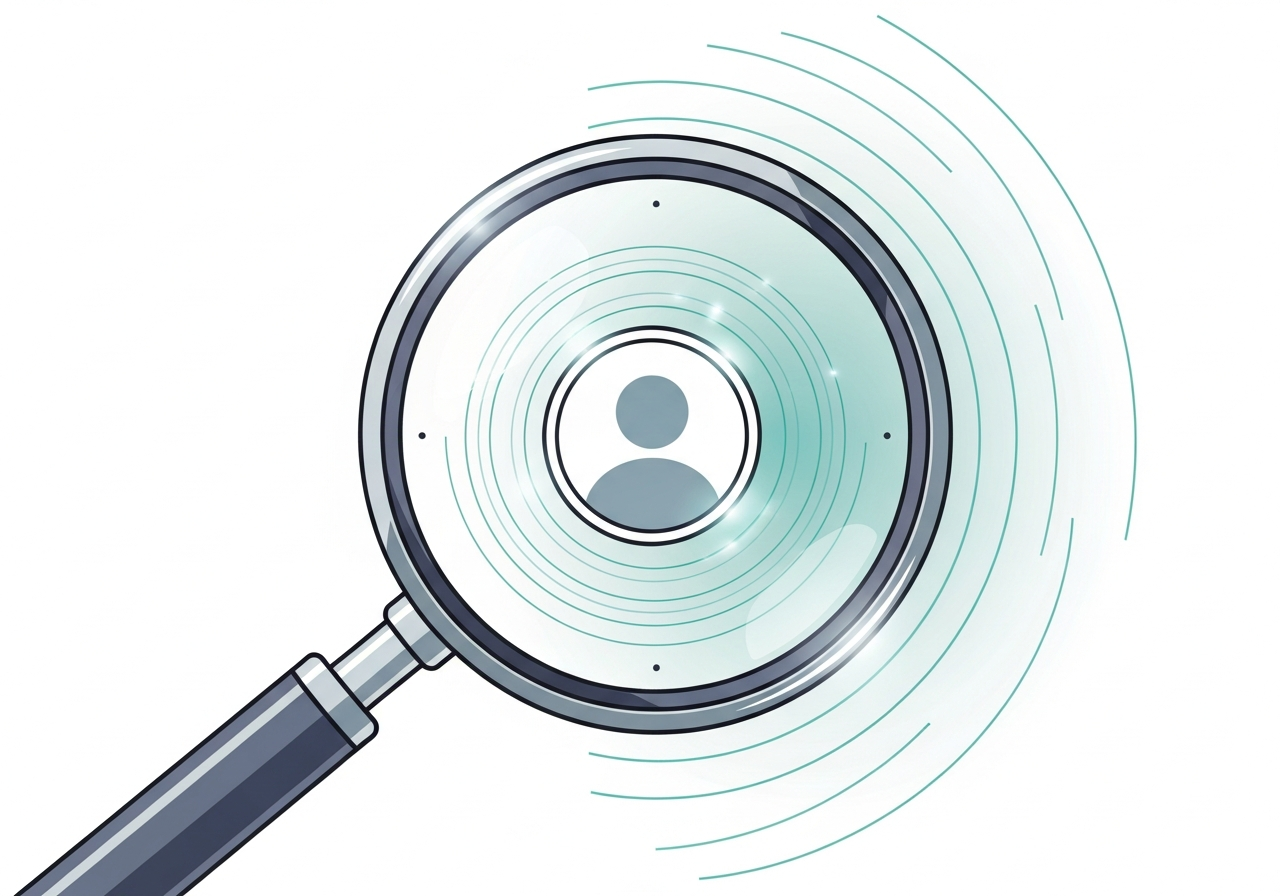 Magnifying glass examining a social media profile photo with reverse image search rings around it