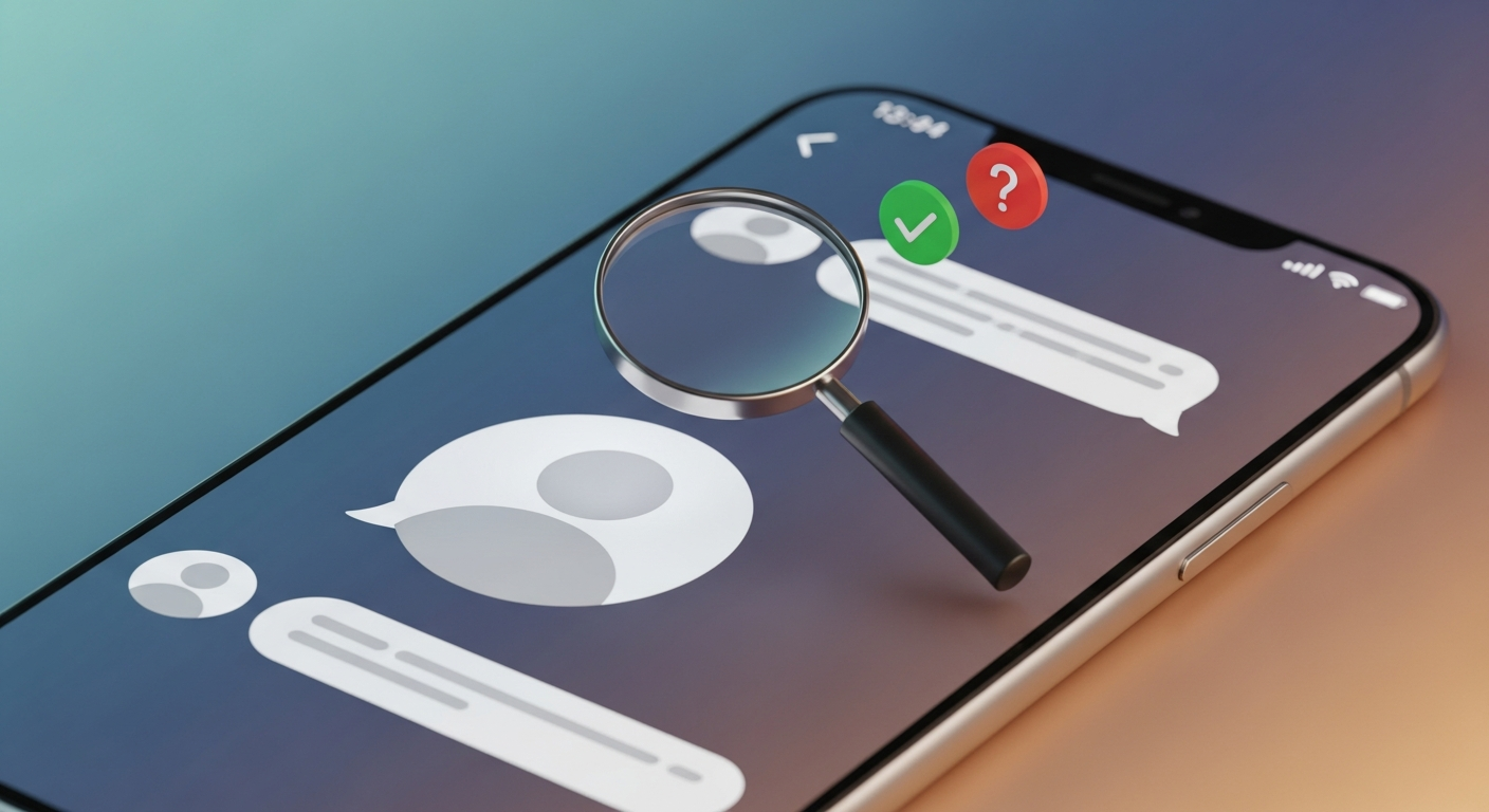 Smartphone chat with a generic avatar and a magnifying glass plus check mark and question mark, suggesting verifying online identity