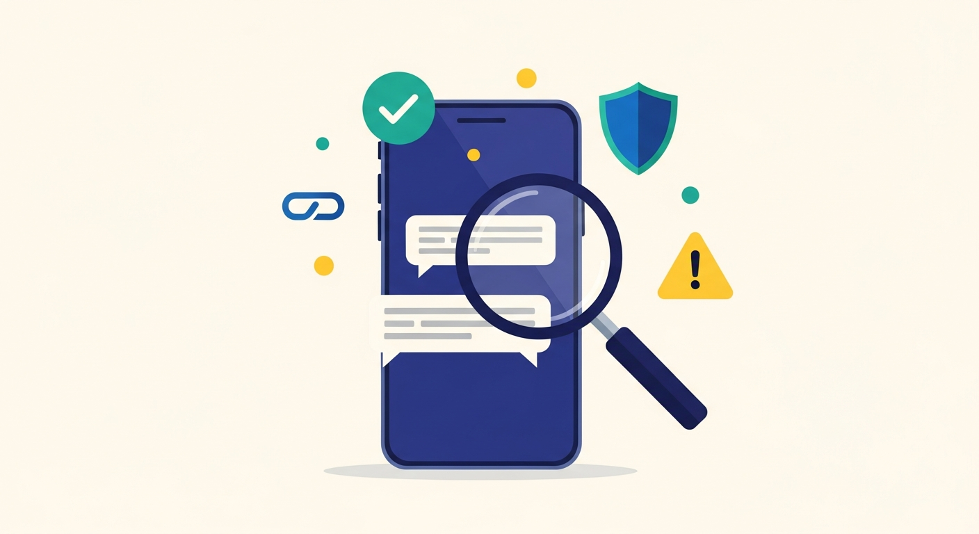 Smartphone showing a suspicious text message under a magnifying glass, surrounded by verification icons including a shield, checkmark, and warning triangle