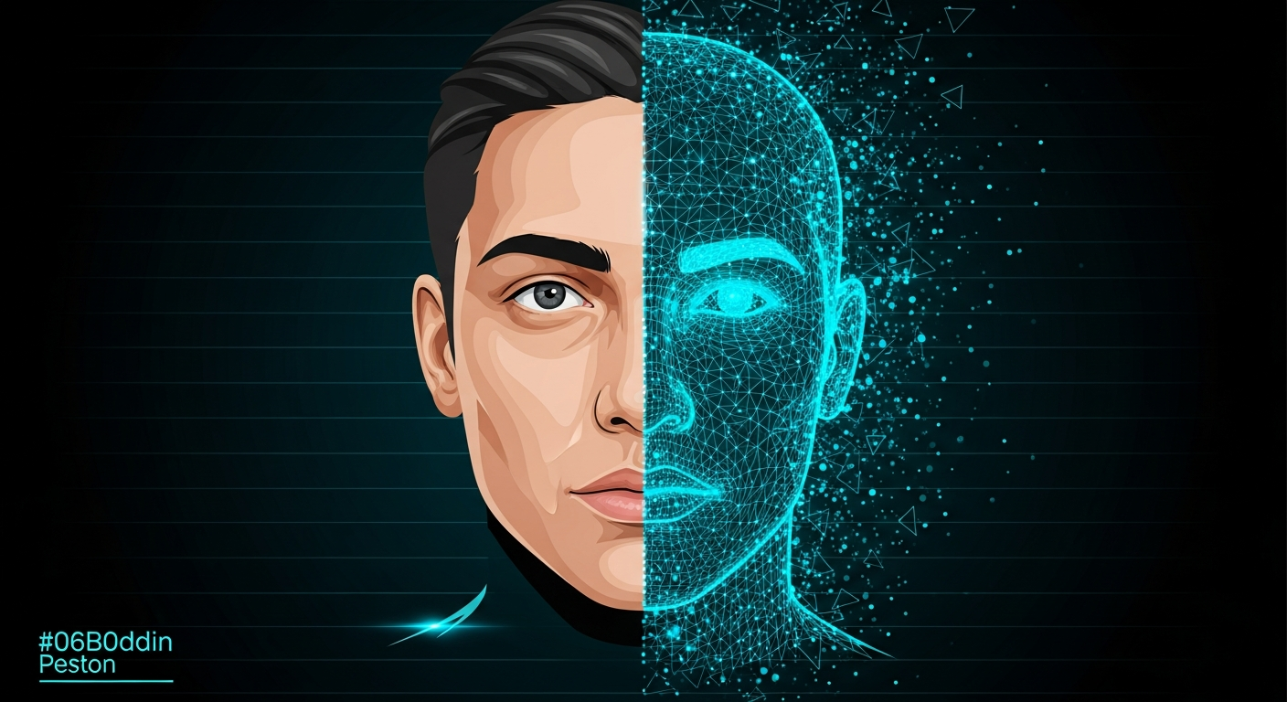 A face split vertically into two halves, the left half a sharply detailed human portrait and the right half dissolving into a glowing cyan wireframe of dots and lines, representing AI-synthesized identity