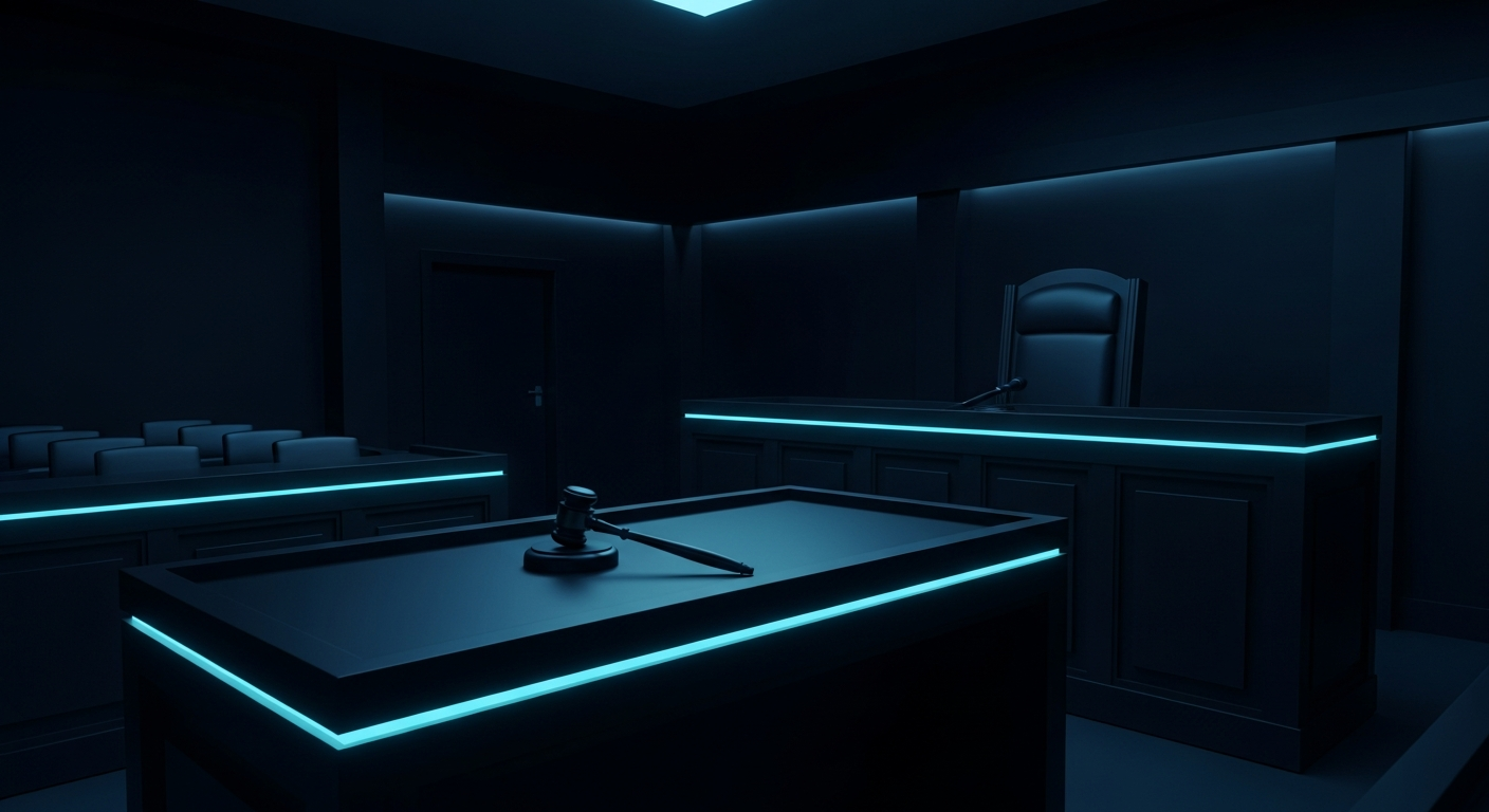 An empty courtroom bench and gavel in low dramatic light, illustrating fake AI-generated immigration court proceedings